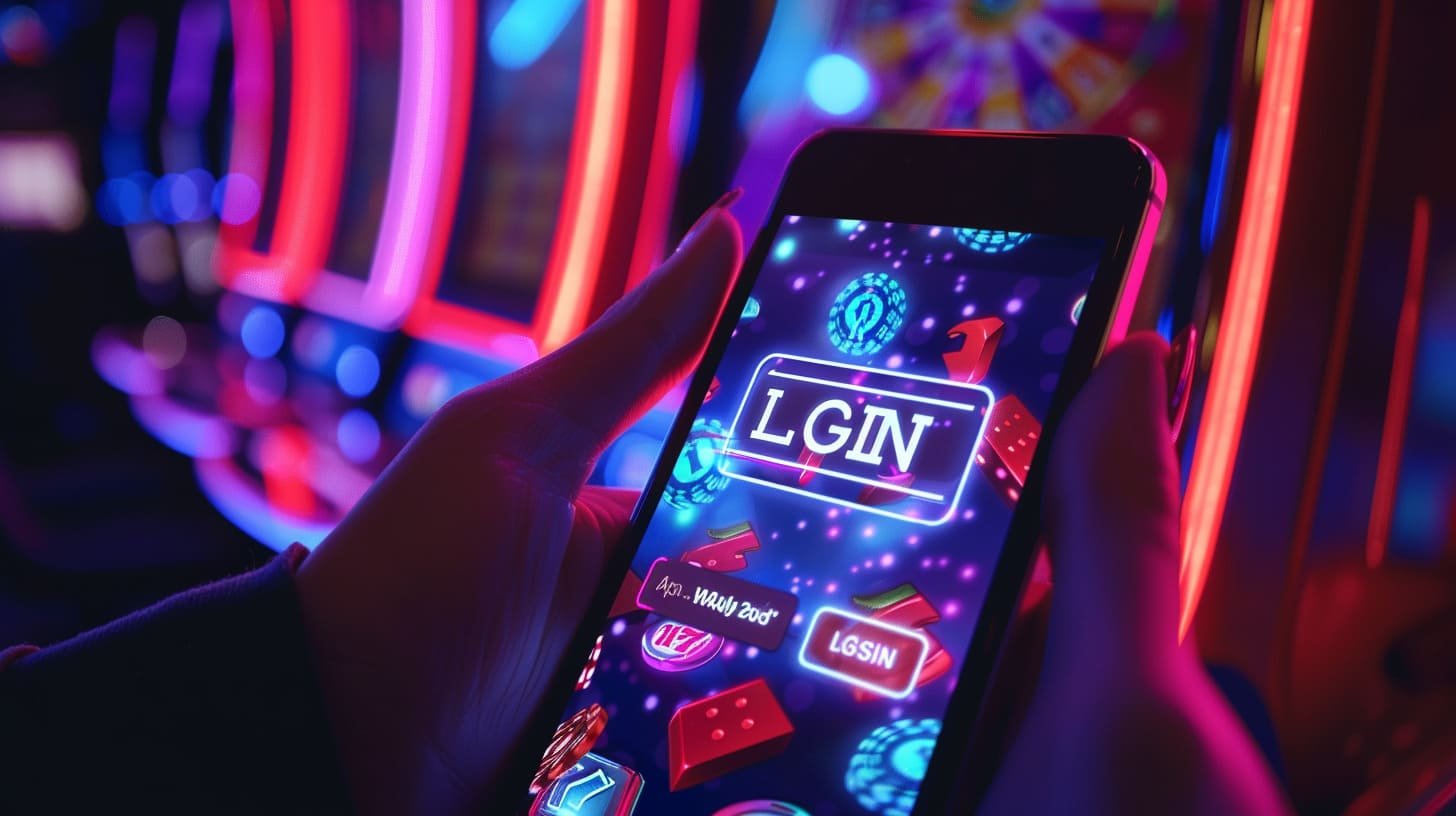 Pemandangan dinamis kasino online rp66vip dengan tema neon ungu
